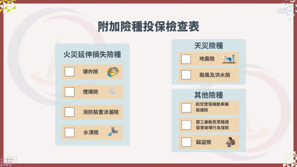 【商業火險怎麼保?你還只看保費?應注意的6大事項沒注意,小心理賠拿不到喔】 32 商業火險附加險種檢查表
